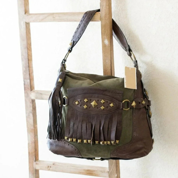 NWT! MICHAEL KORS COLLEGIATE STUDDED BROWN LEATHER OLIVE GREEN SUEDE BAG - Picture 2 of 15